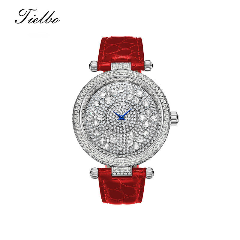 TIELBO Luxury Quartz Women's Watch Zircon Butterfly Dial Wristwatch for Ladies TC819