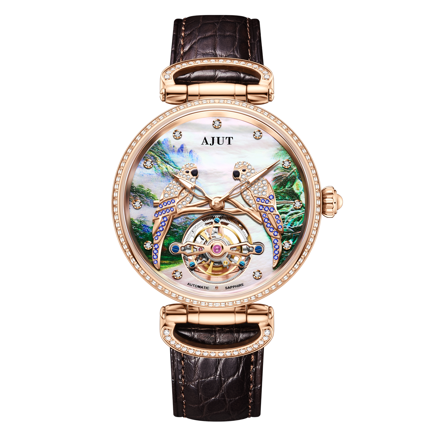 AJUT Luxury Diamond Watch 3D Embossed Parrot Automatic Mechanical Watch Sapphire Waterproof