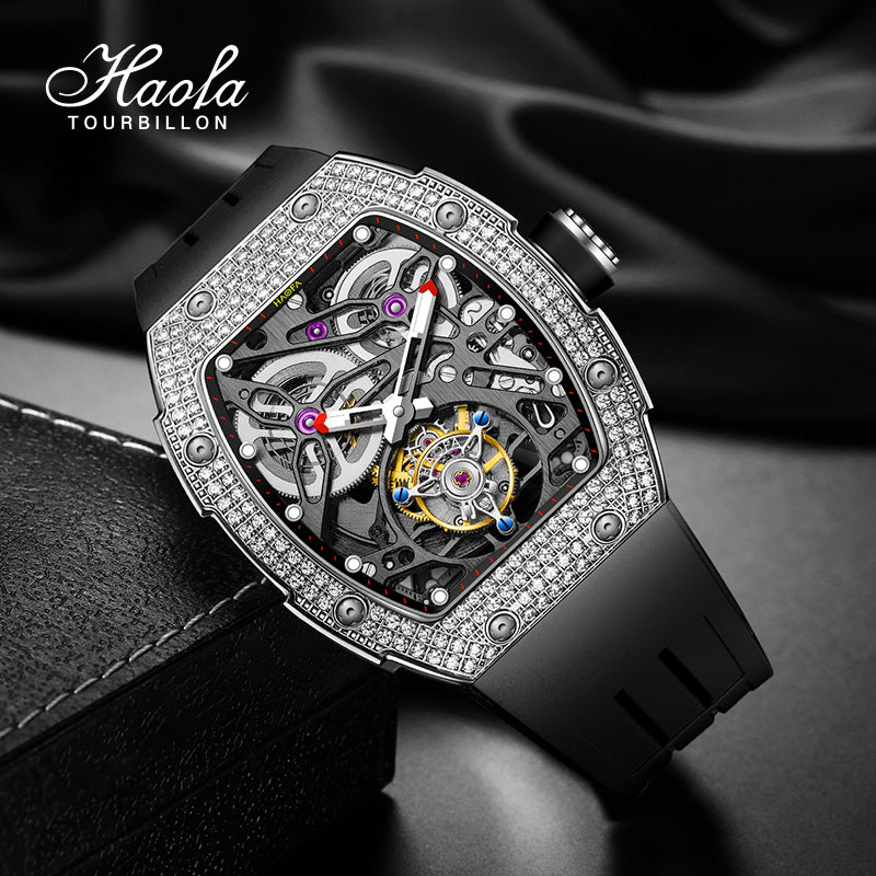 HAOFA 1901-1S Diamond Bezel Tourbillon Watch Double Spring 72-Hour Power Skeleton Automatic Watch