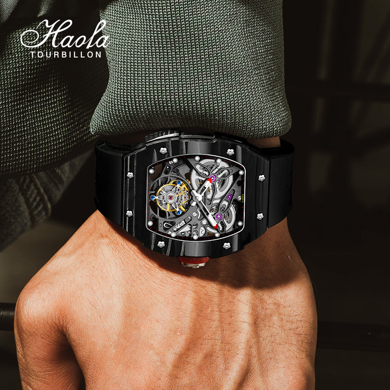 HAOFA Carbon Fiber Automatic Tourbillon Watch for Men Double Spring 1901-1 Skeleton