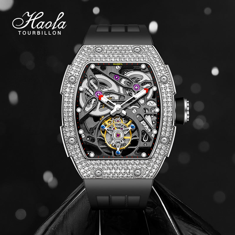 HAOFA 1901-1S Diamond Bezel Tourbillon Watch Double Spring 72-Hour Power Skeleton Automatic Watch