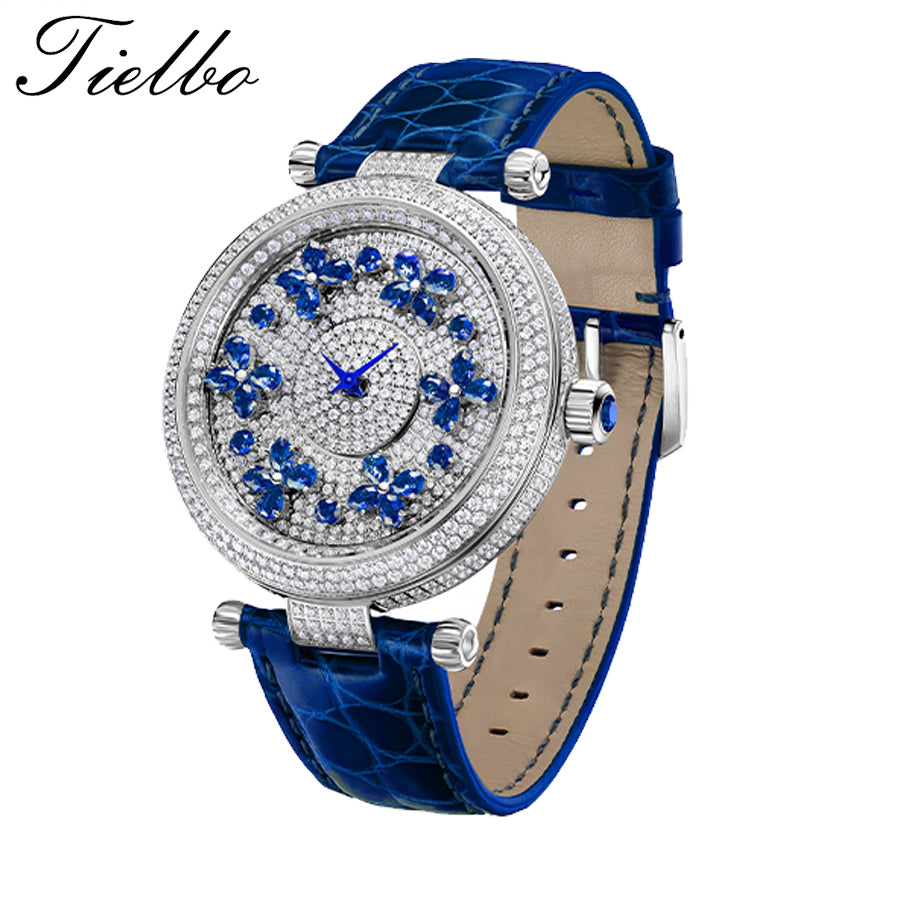 TIELBO Luxury Quartz Women's Watch Zircon Butterfly Dial Wristwatch for Ladies TC819