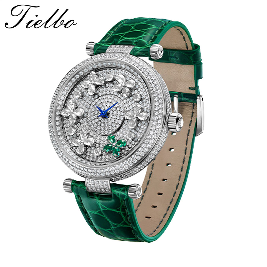 TIELBO Luxury Quartz Women's Watch Zircon Butterfly Dial Wristwatch for Ladies TC819