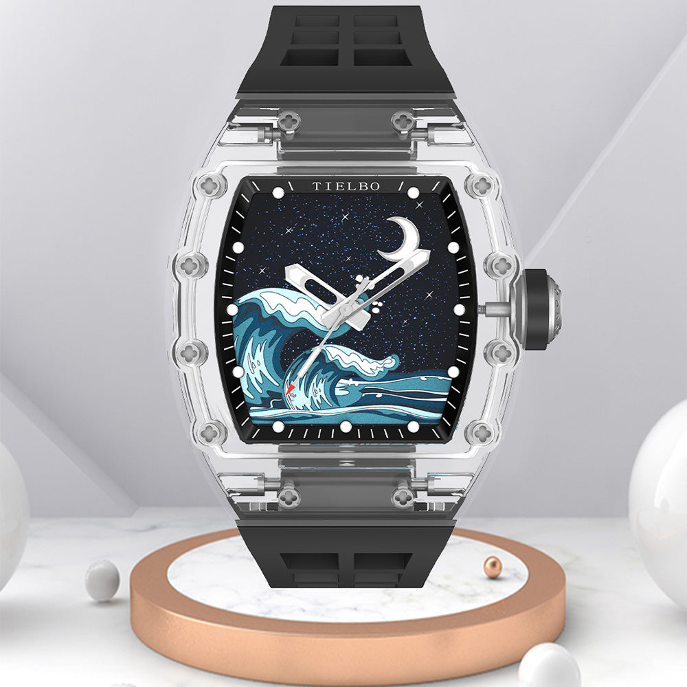 TIELBO Crystal Mechanical Watch for Men Tonneau Wave Starry Sky Dial Automatic Watch TC716