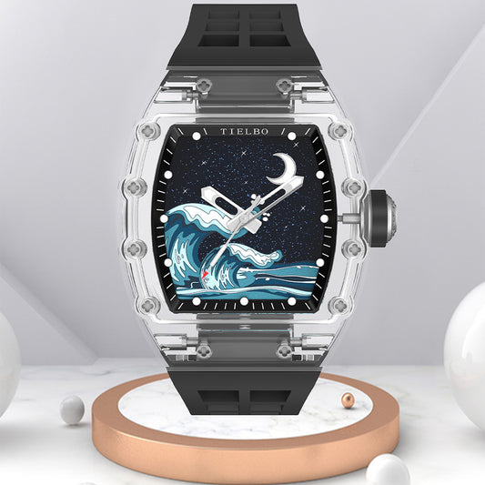 TIELBO Crystal Mechanical Watch for Men Tonneau Wave Starry Sky Dial Automatic Watch TC716