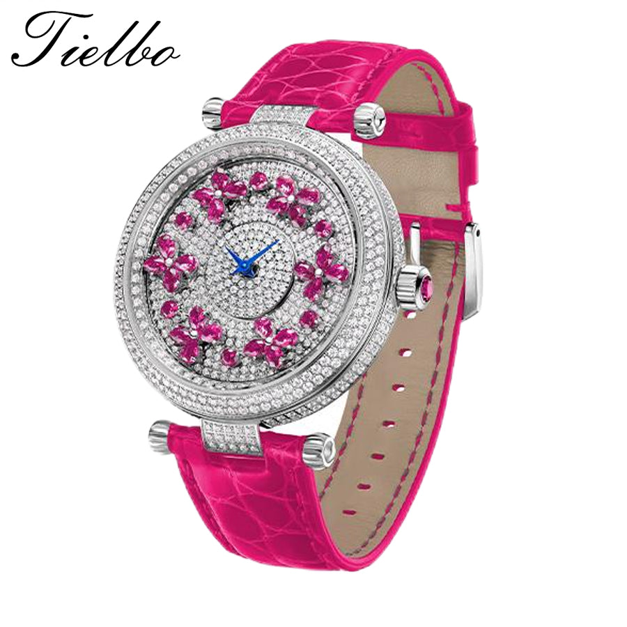 TIELBO Luxury Quartz Women's Watch Zircon Butterfly Dial Wristwatch for Ladies TC819