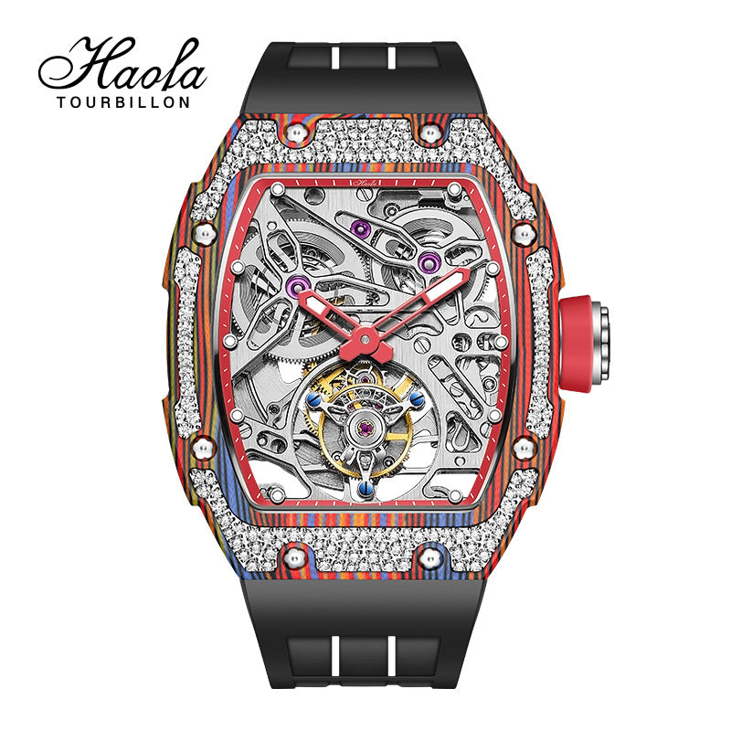 HAOFA Diamond Carbon Fiber Bezel Tourbillon Watch Twin-Spring Automatic Movement Watch 1901-3