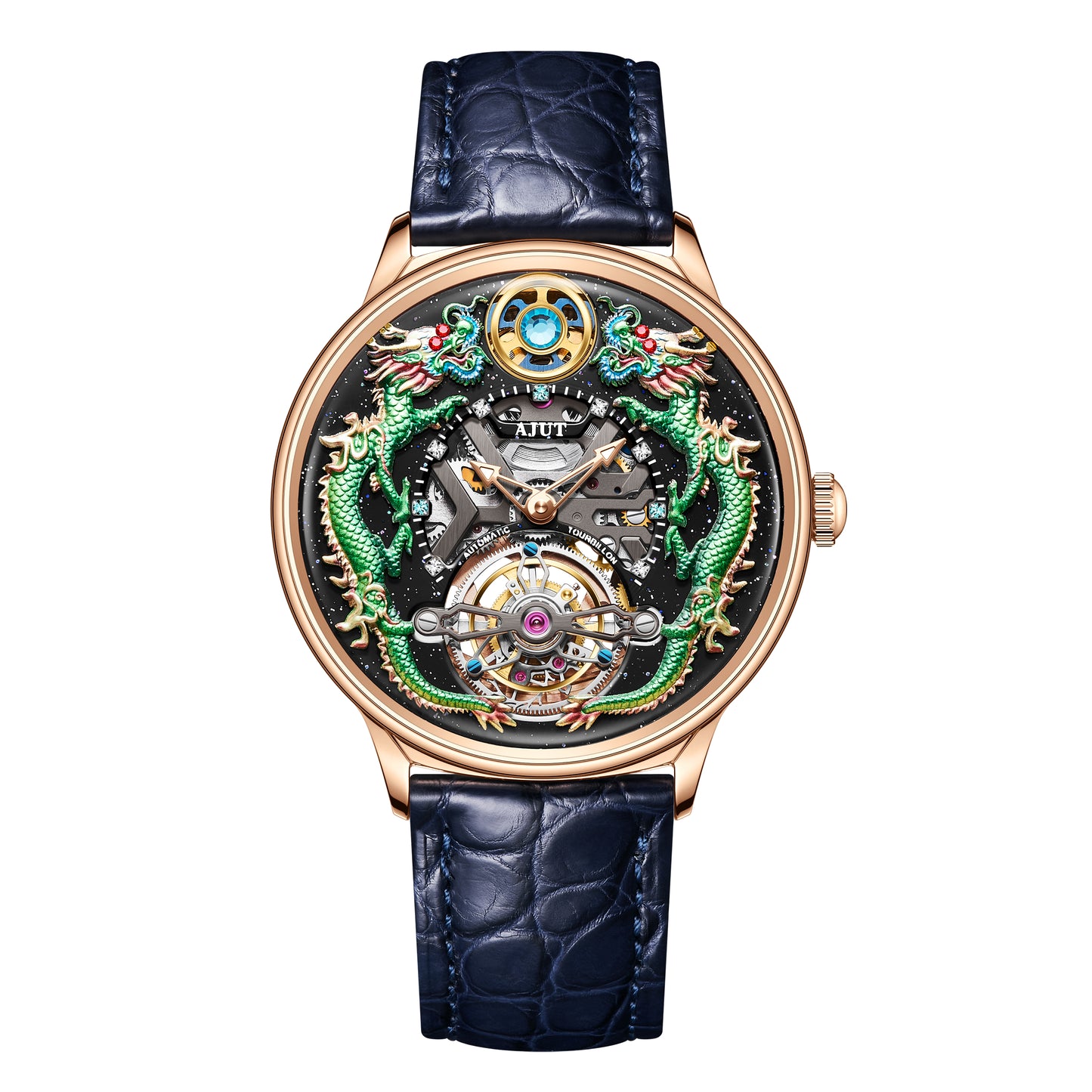AJUT 3D Embossed Double Dragon Tourbillon Watch Zircon Bezel Starry Sky Dial