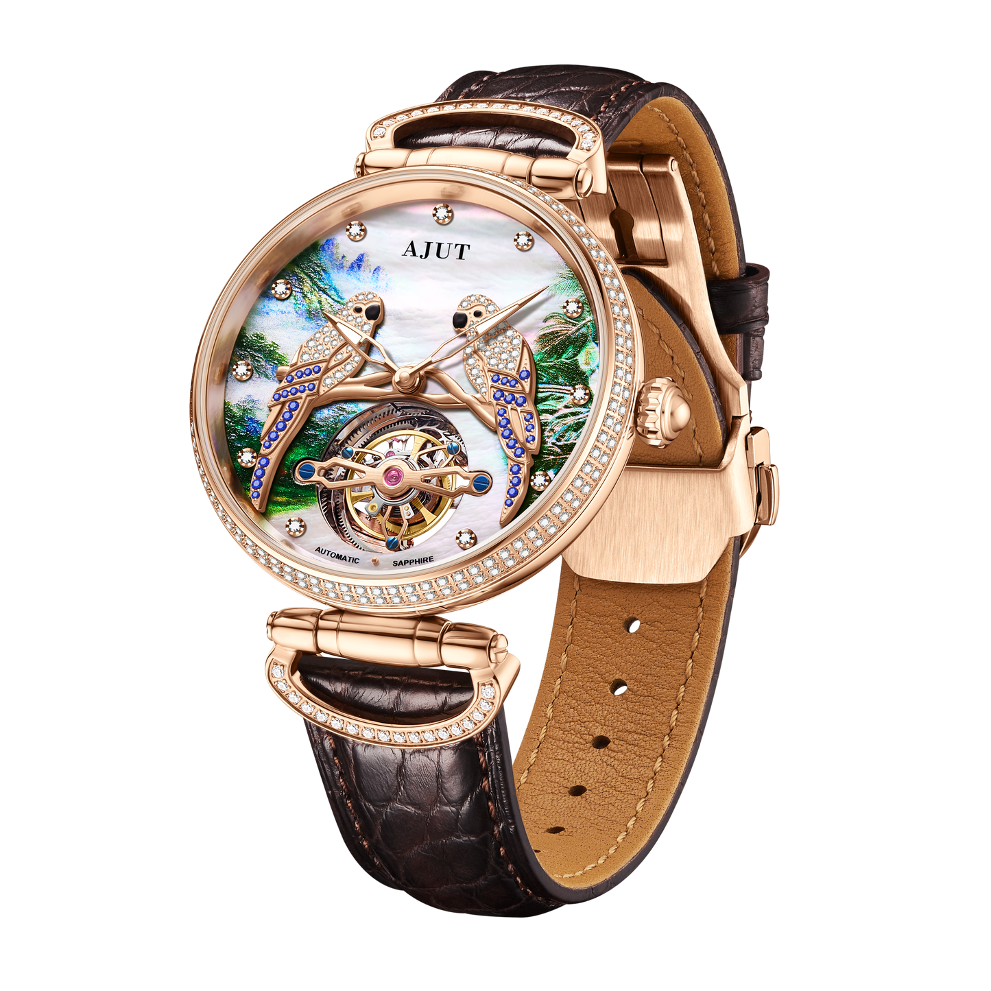 AJUT Luxury Diamond Watch 3D Embossed Parrot Automatic Mechanical Watch Sapphire Waterproof