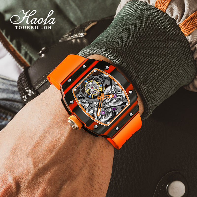 HAOFA Carbon Fiber Automatic Tourbillon Watch for Men Double Spring 1901-1 Skeleton