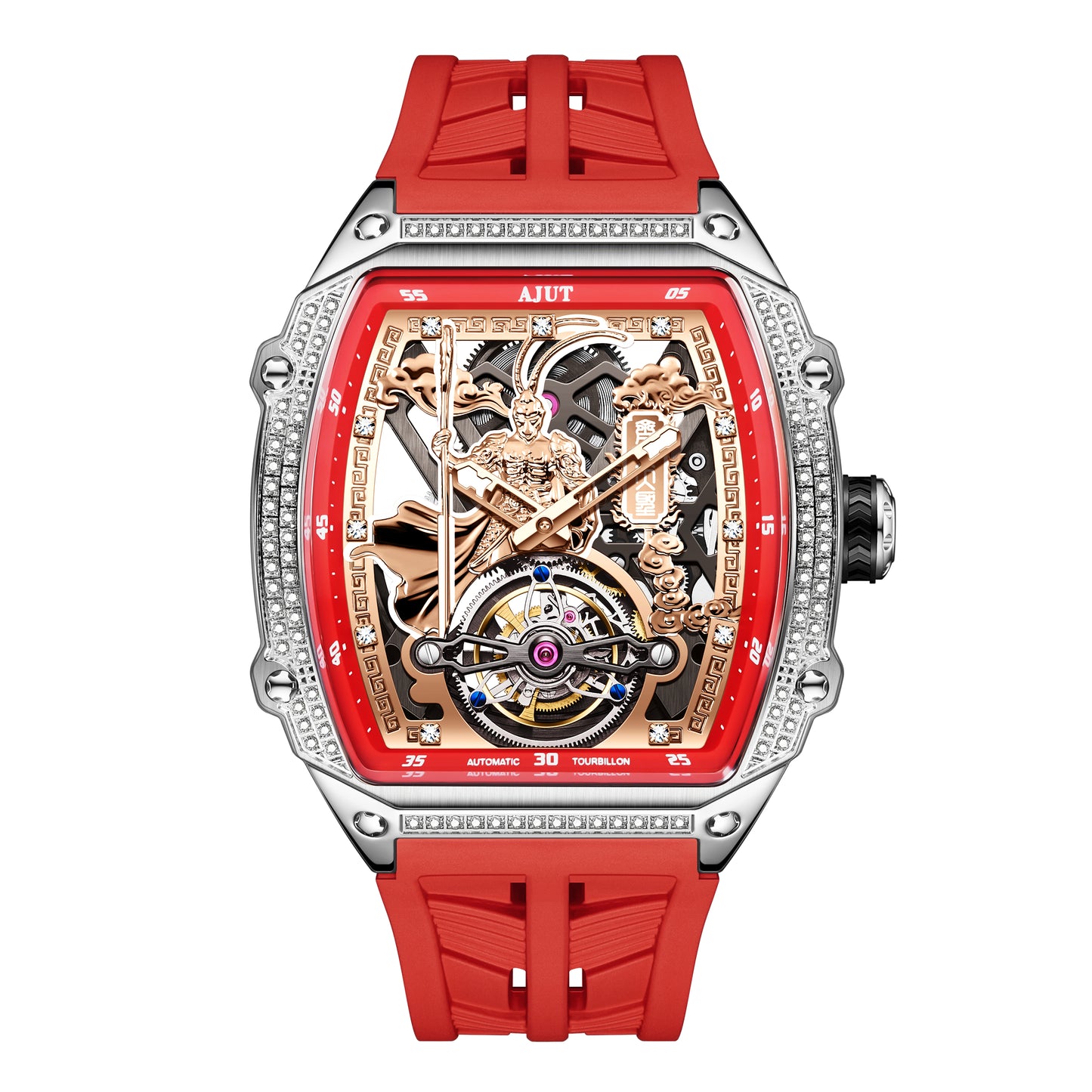 AJUT 3D Wukong Automatic Tourbillon Watch for Men Diamond Mechanical Watch Monkey King Sapphire
