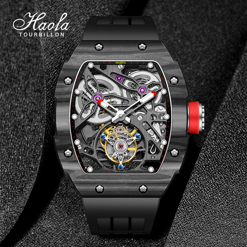HAOFA Carbon Fiber Automatic Tourbillon Watch for Men Double Spring 1901-1 Skeleton