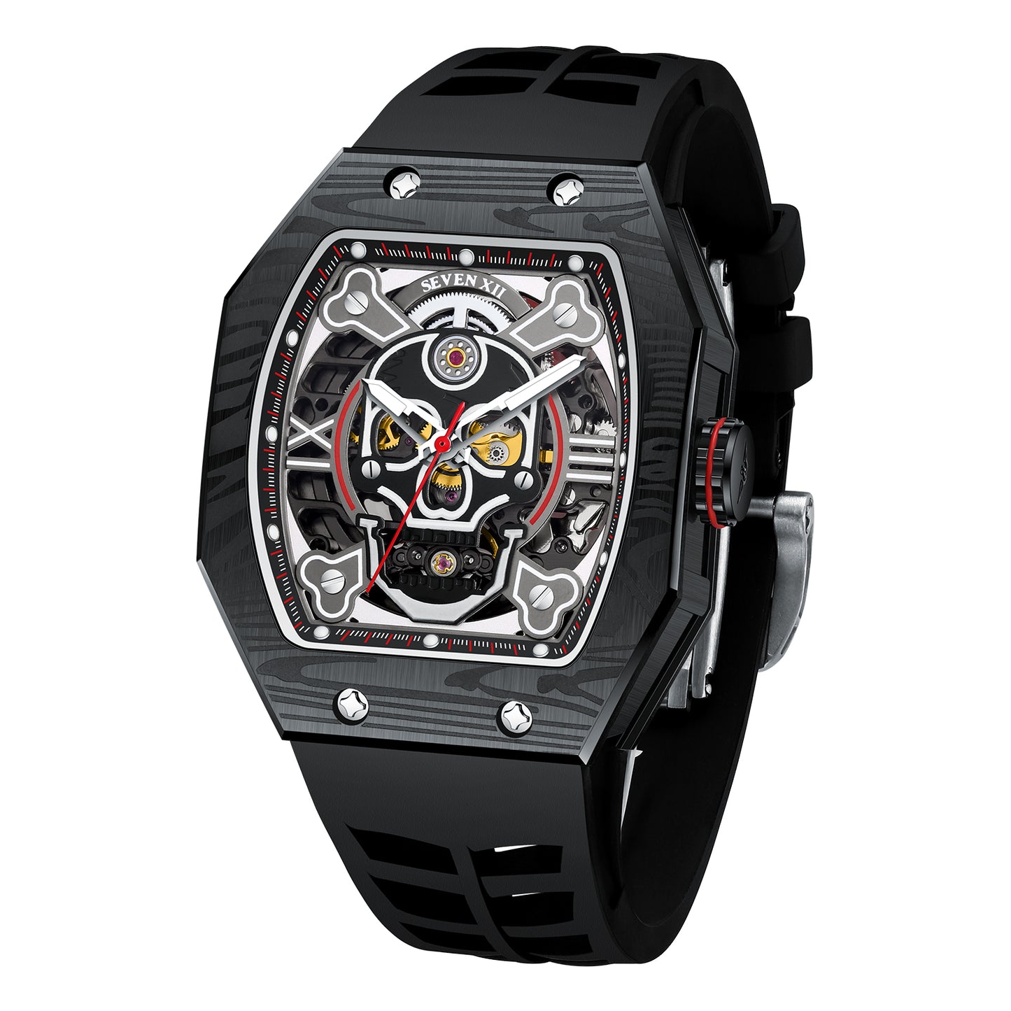 SEVEN XII Mens Watch Skull Skeleton Dial 70 Hour Power Reserve Stainless Steel Sapphire Luminous S001
