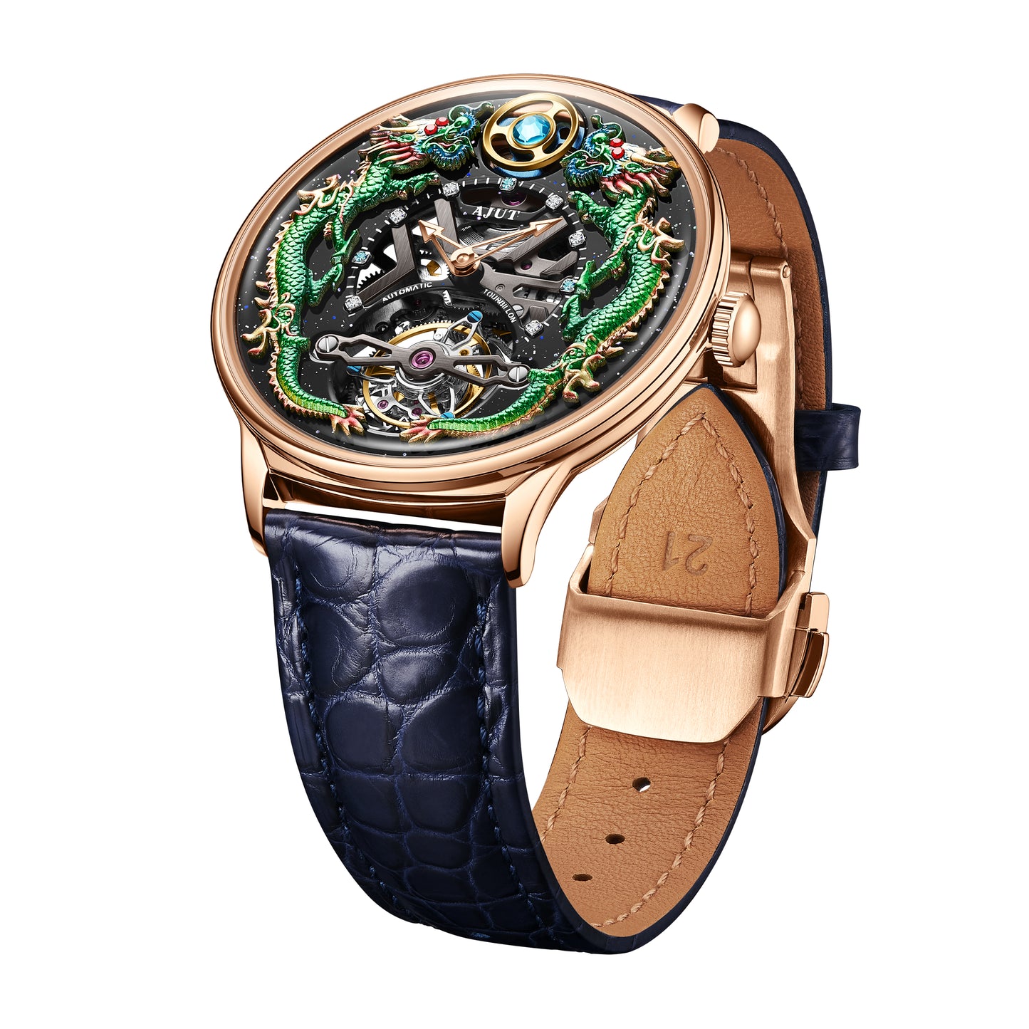 AJUT 3D Embossed Double Dragon Tourbillon Watch Zircon Bezel Starry Sky Dial
