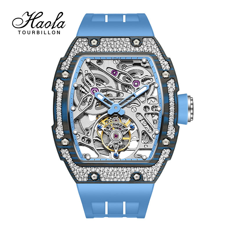 HAOFA Diamond Carbon Fiber Bezel Tourbillon Watch Twin-Spring Automatic Movement Watch 1901-3