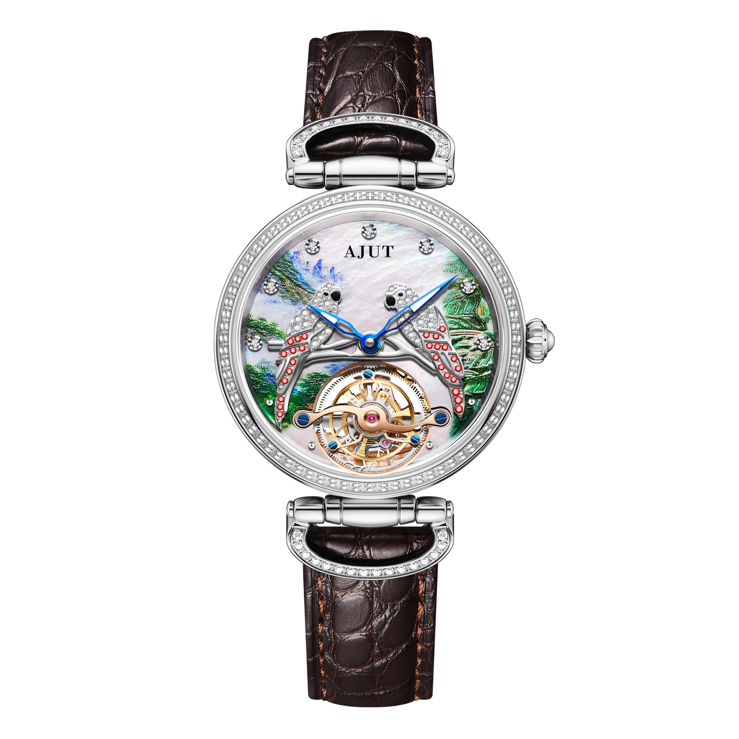 AJUT Luxury Diamond Watch 3D Embossed Parrot Automatic Mechanical Watch Sapphire Waterproof