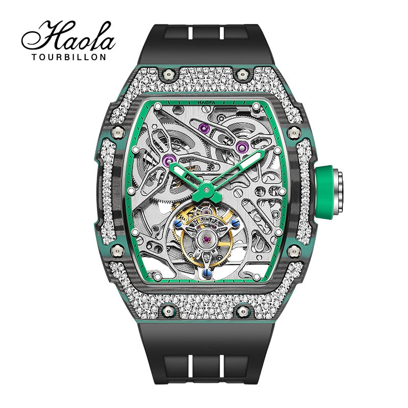 HAOFA Diamond Carbon Fiber Bezel Tourbillon Watch Twin-Spring Automatic Movement Watch 1901-3