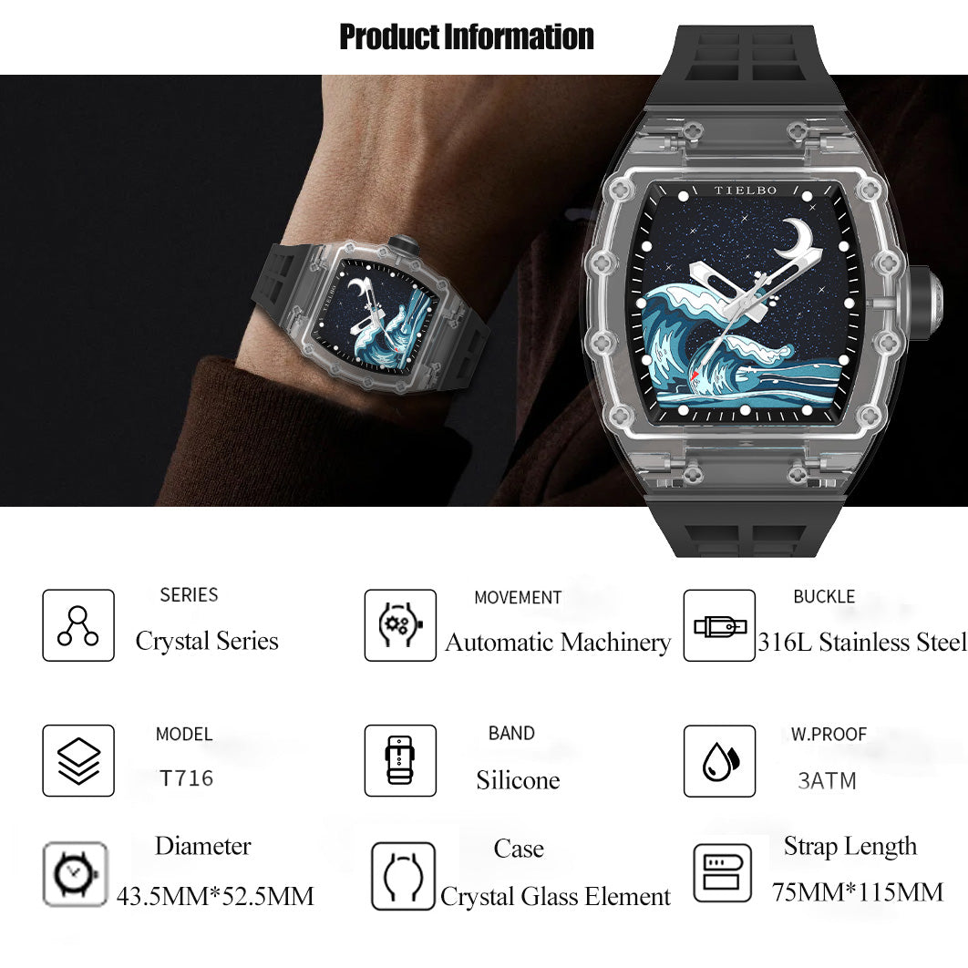 TIELBO Crystal Mechanical Watch for Men Tonneau Wave Starry Sky Dial Automatic Watch TC716