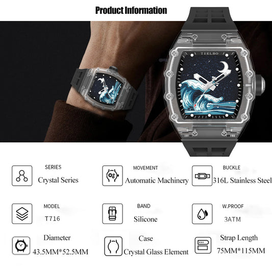 TIELBO Crystal Mechanical Watch for Men Tonneau Wave Starry Sky Dial Automatic Watch TC716