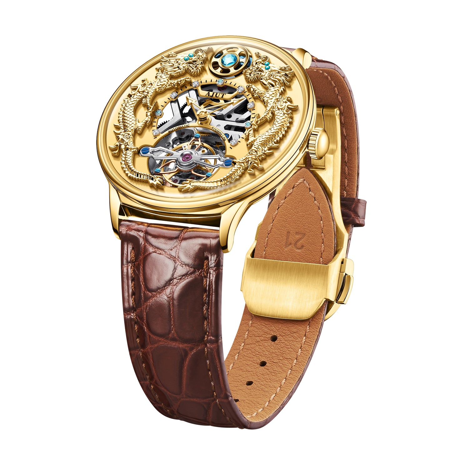 AJUT 3D Embossed Double Dragon Tourbillon Watch Zircon Bezel Starry Sky Dial
