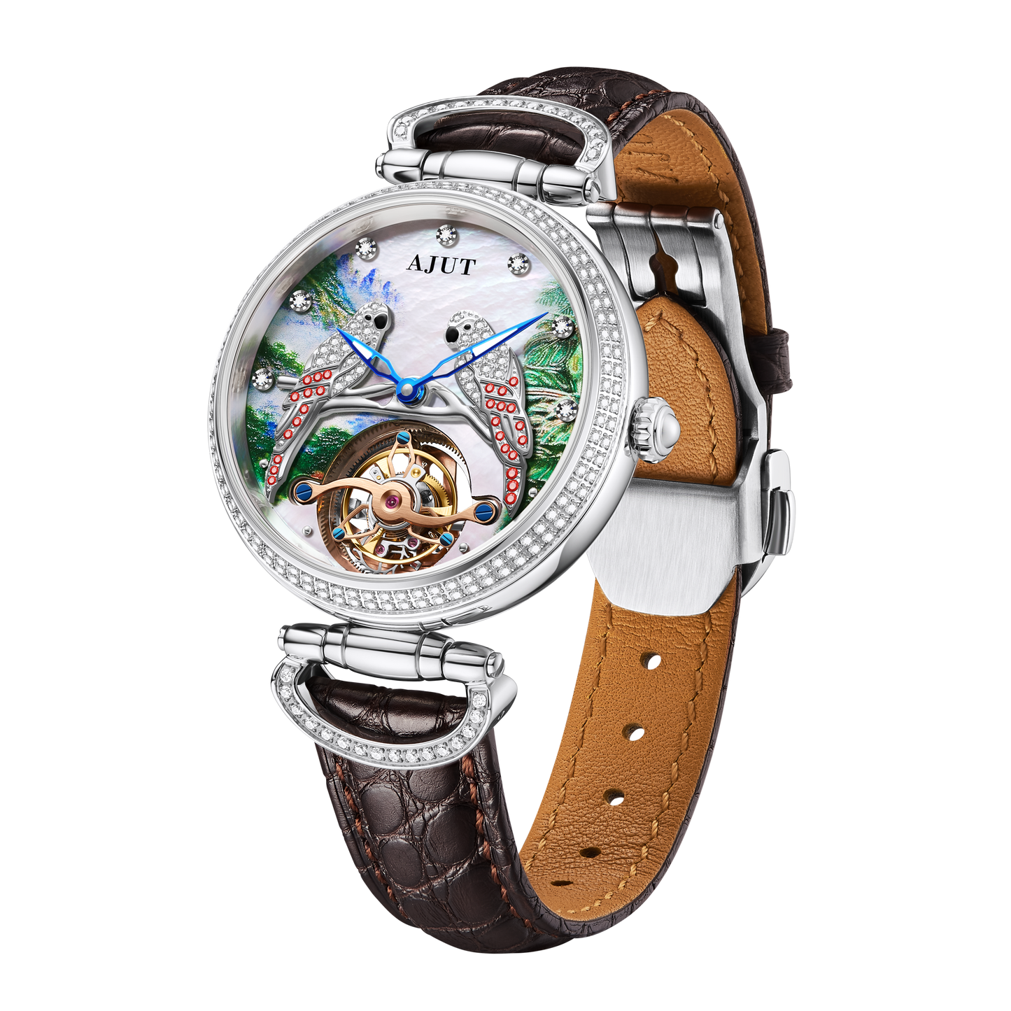 AJUT Luxury Diamond Watch 3D Embossed Parrot Automatic Mechanical Watch Sapphire Waterproof