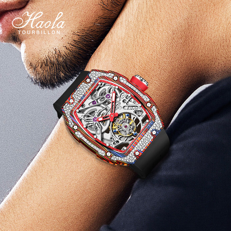 HAOFA Diamond Carbon Fiber Bezel Tourbillon Watch Twin-Spring Automatic Movement Watch 1901-3