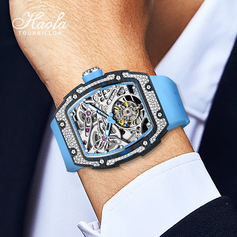 HAOFA Diamond Carbon Fiber Bezel Tourbillon Watch Twin-Spring Automatic Movement Watch 1901-3