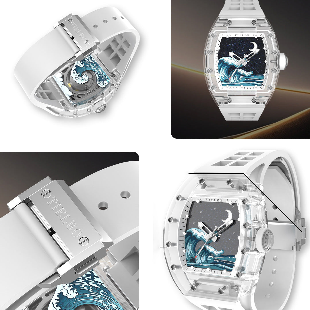 TIELBO Crystal Mechanical Watch for Men Tonneau Wave Starry Sky Dial Automatic Watch TC716