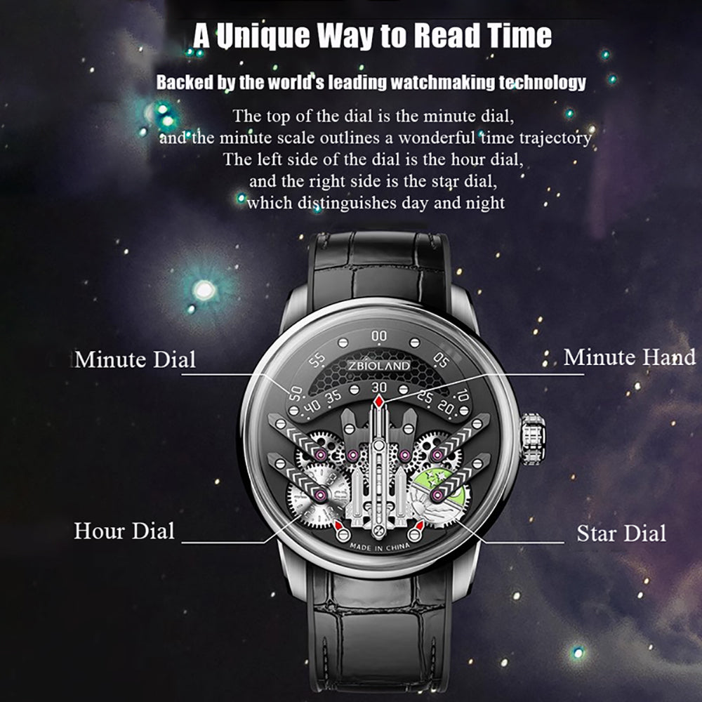 ZBIOLAND Space Star Watch Rocket Dial Sapphire Luminous Men's Wristwatch 1004