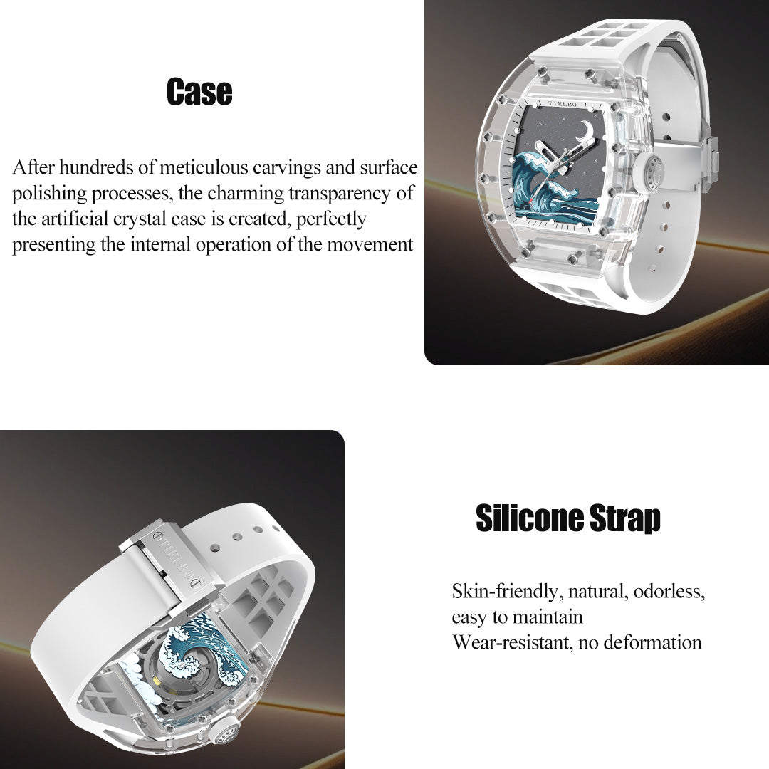 TIELBO Crystal Mechanical Watch for Men Tonneau Wave Starry Sky Dial Automatic Watch TC716