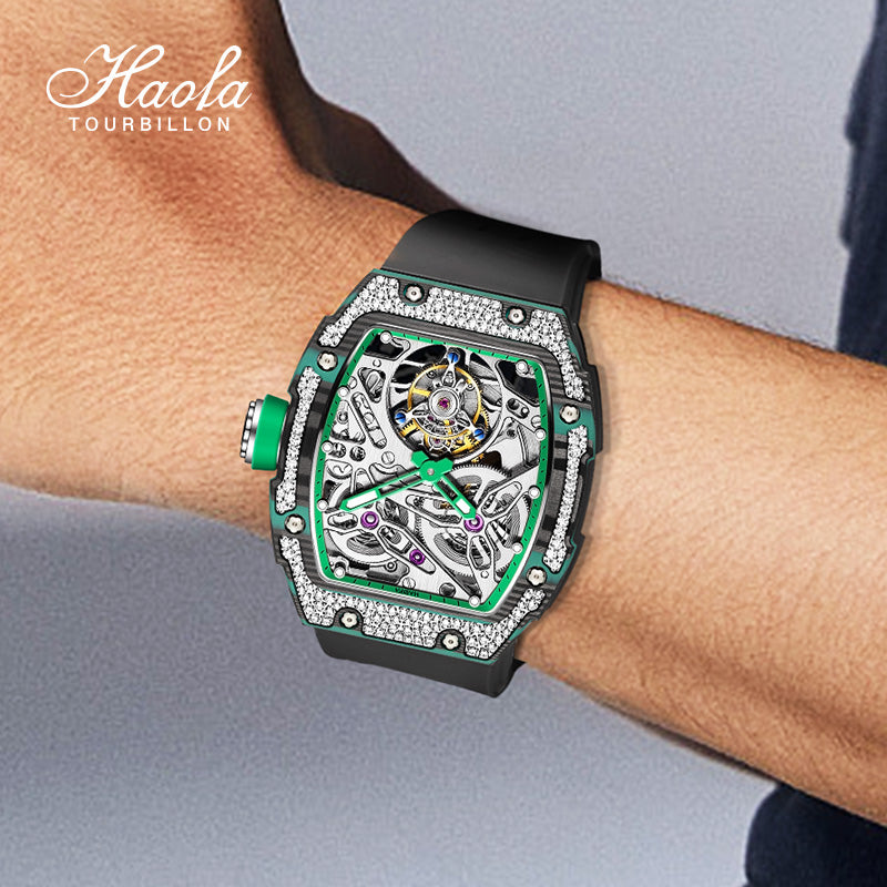 HAOFA Diamond Carbon Fiber Bezel Tourbillon Watch Twin-Spring Automatic Movement Watch 1901-3