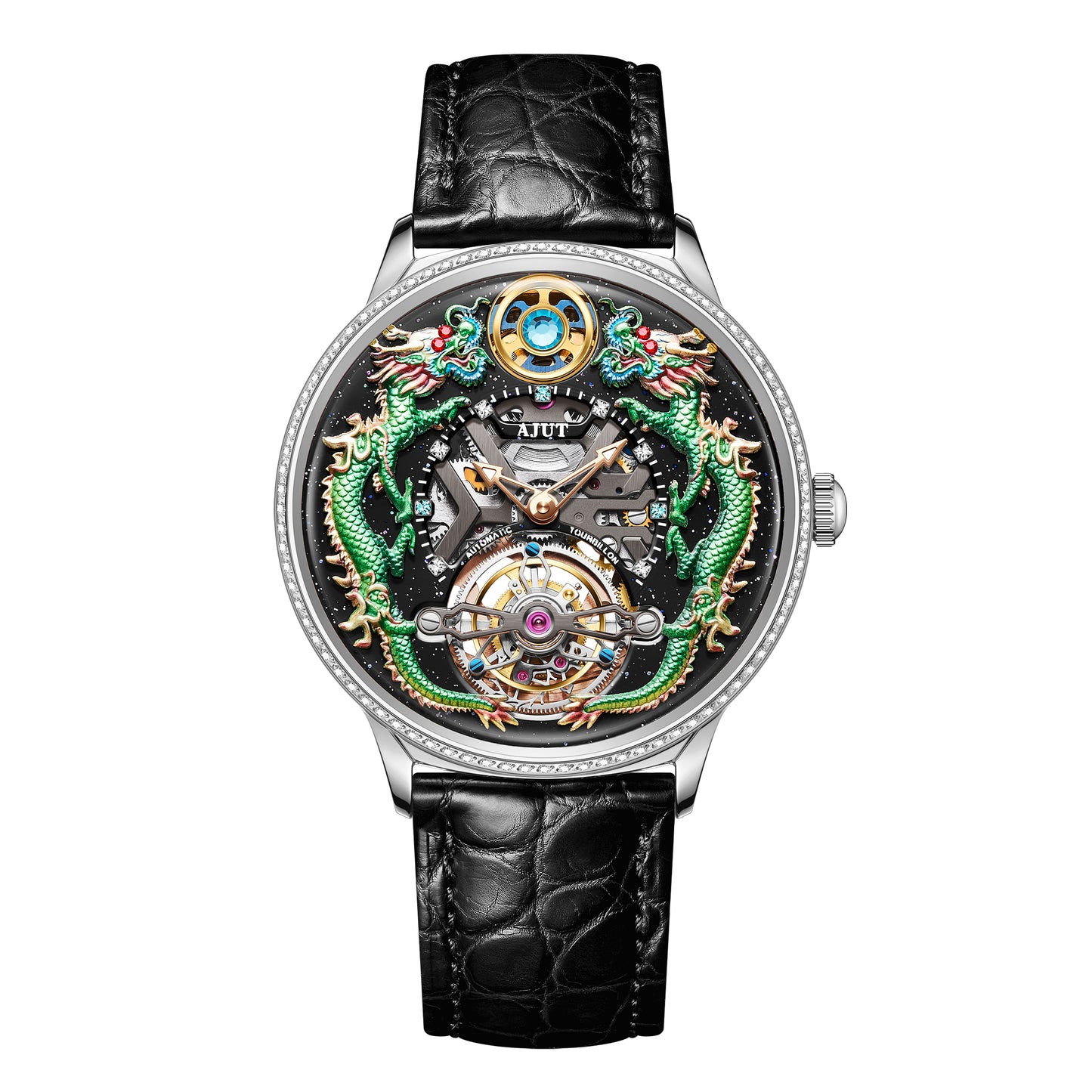 AJUT 3D Embossed Double Dragon Tourbillon Watch Zircon Bezel Starry Sky Dial