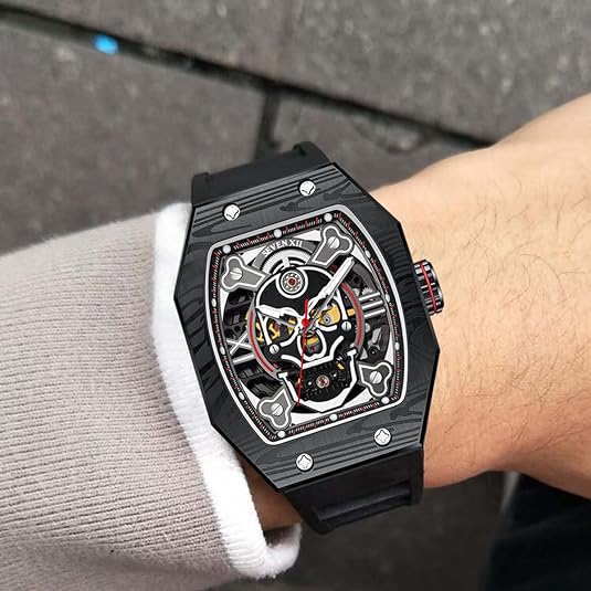 SEVEN XII Mens Watch Skull Skeleton Dial 70 Hour Power Reserve Stainless Steel Sapphire Luminous S001