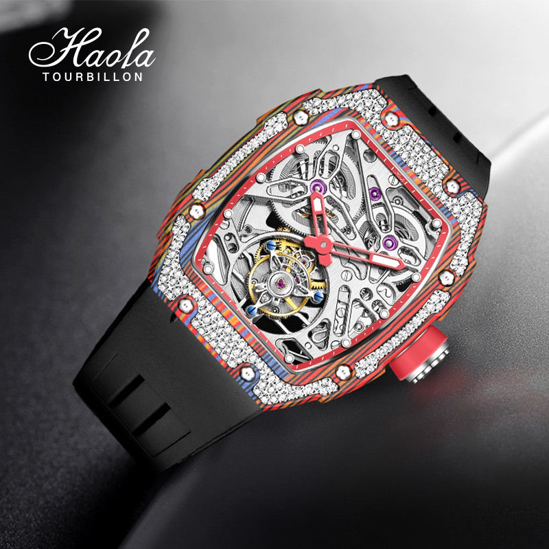 HAOFA Diamond Carbon Fiber Bezel Tourbillon Watch Twin-Spring Automatic Movement Watch 1901-3
