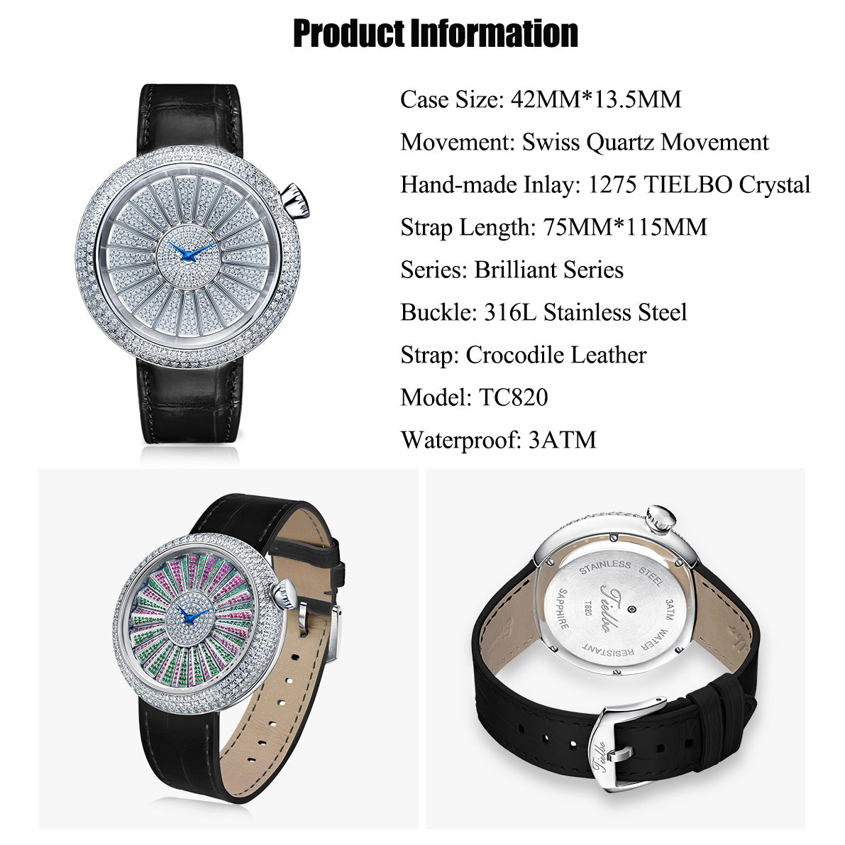 Tielbo Quartz Women's Watch Color Changing Diamond Dial Luxury Sapphire Wristwatch for Ladies TC820