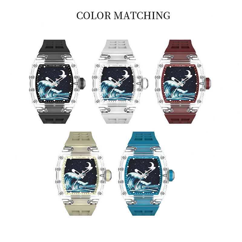 TIELBO Crystal Mechanical Watch for Men Tonneau Wave Starry Sky Dial Automatic Watch TC716