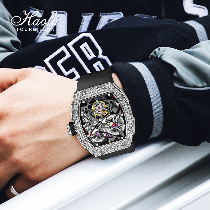 HAOFA 1901-1S Diamond Bezel Tourbillon Watch Double Spring 72-Hour Power Skeleton Automatic Watch