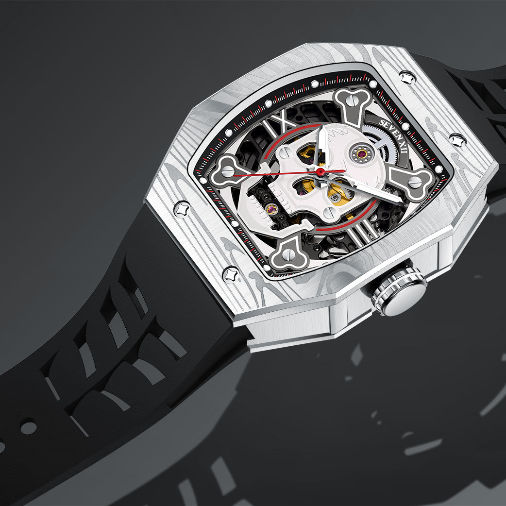SEVEN XII Mens Watch Skull Skeleton Dial 70 Hour Power Reserve Stainless Steel Sapphire Luminous S001
