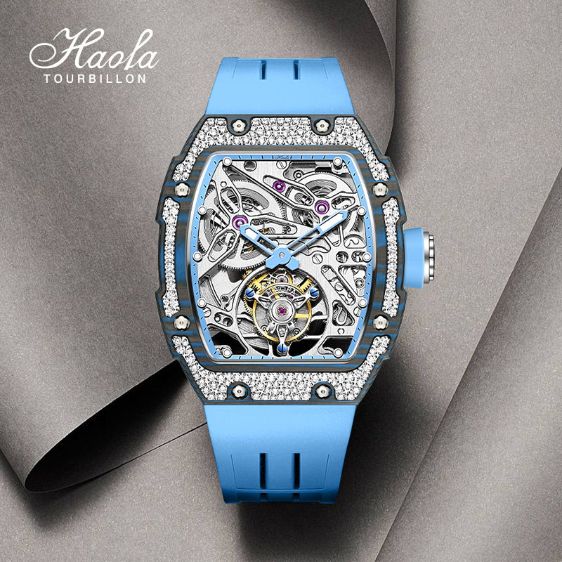 HAOFA Diamond Carbon Fiber Bezel Tourbillon Watch Twin-Spring Automatic Movement Watch 1901-3