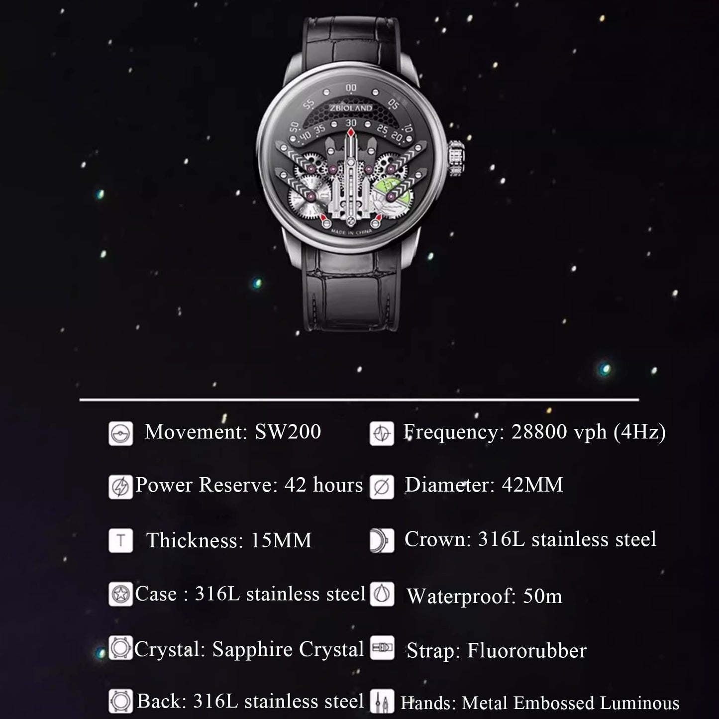 ZBIOLAND Space Star Watch Rocket Dial Sapphire Luminous Men's Wristwatch 1004