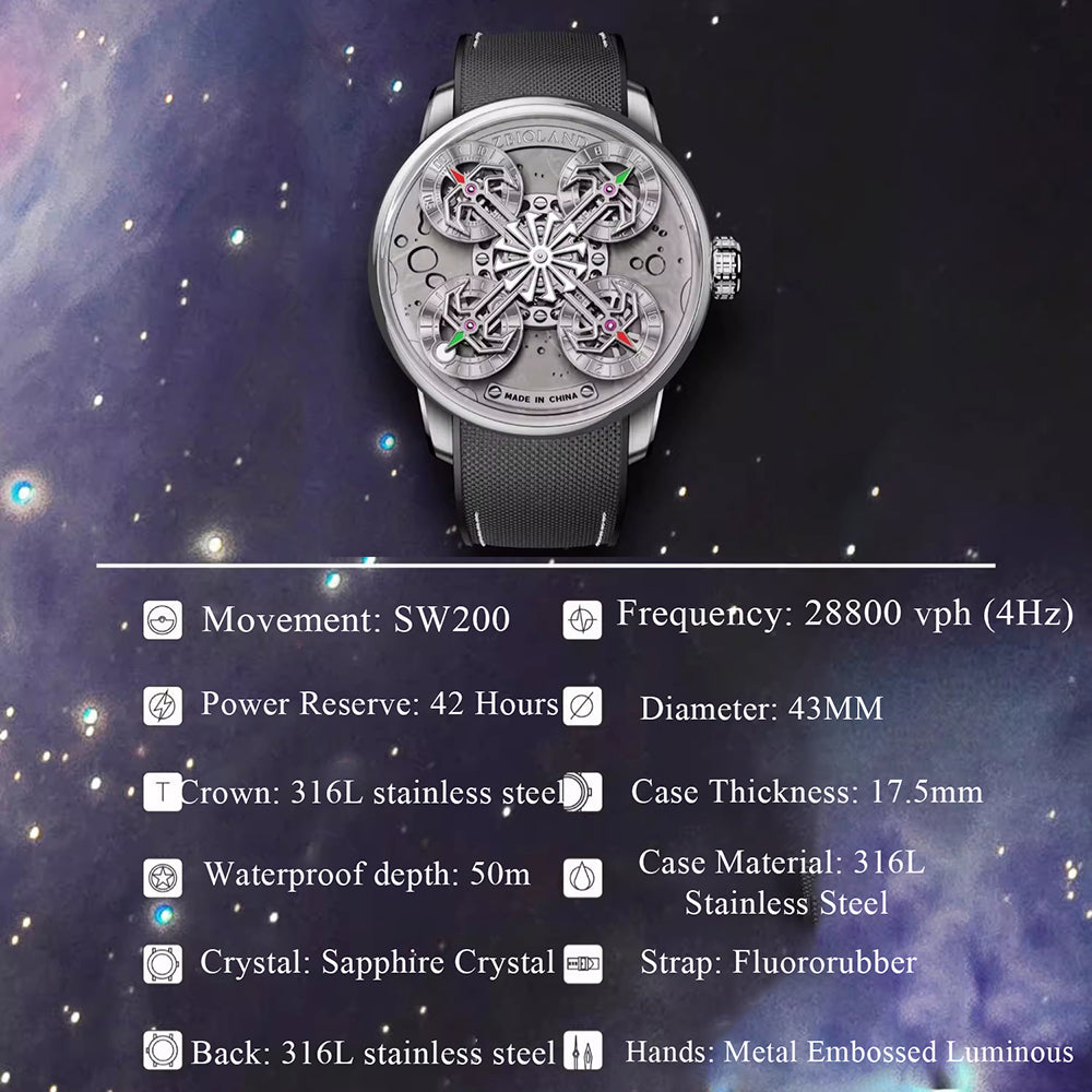 ZBIOLAND Space Station Automatic Mechanical Watches for Men Sun Stars Luminous Charm 1003