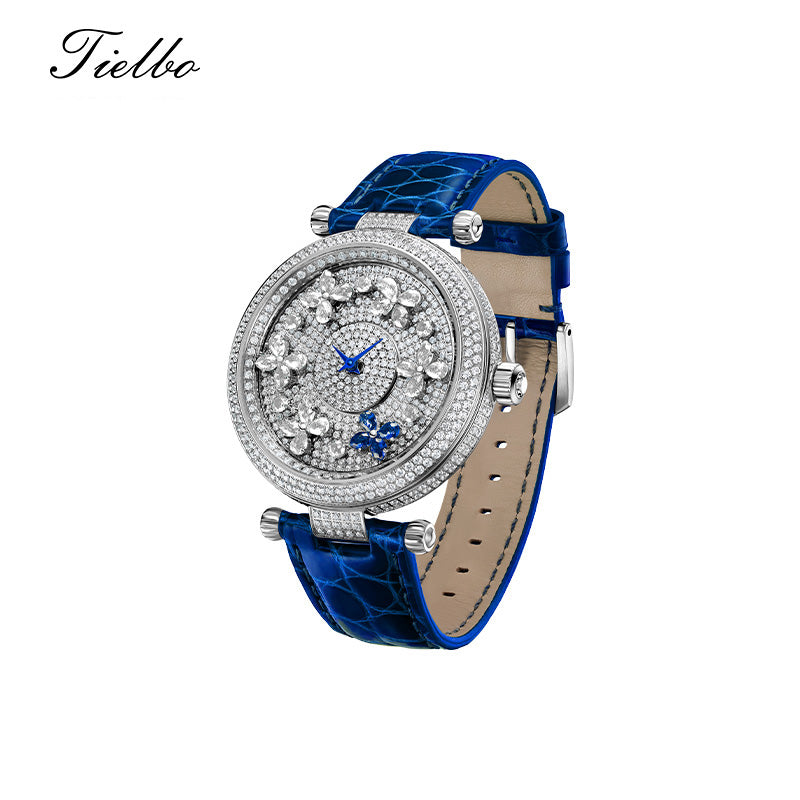 TIELBO Luxury Quartz Women's Watch Zircon Butterfly Dial Wristwatch for Ladies TC819