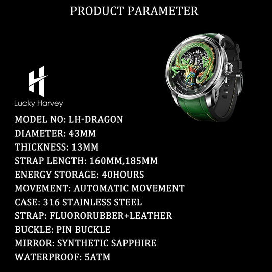 LUCKY HARVEY  Dragon Automatic Watch Round Shaped Case Luminous