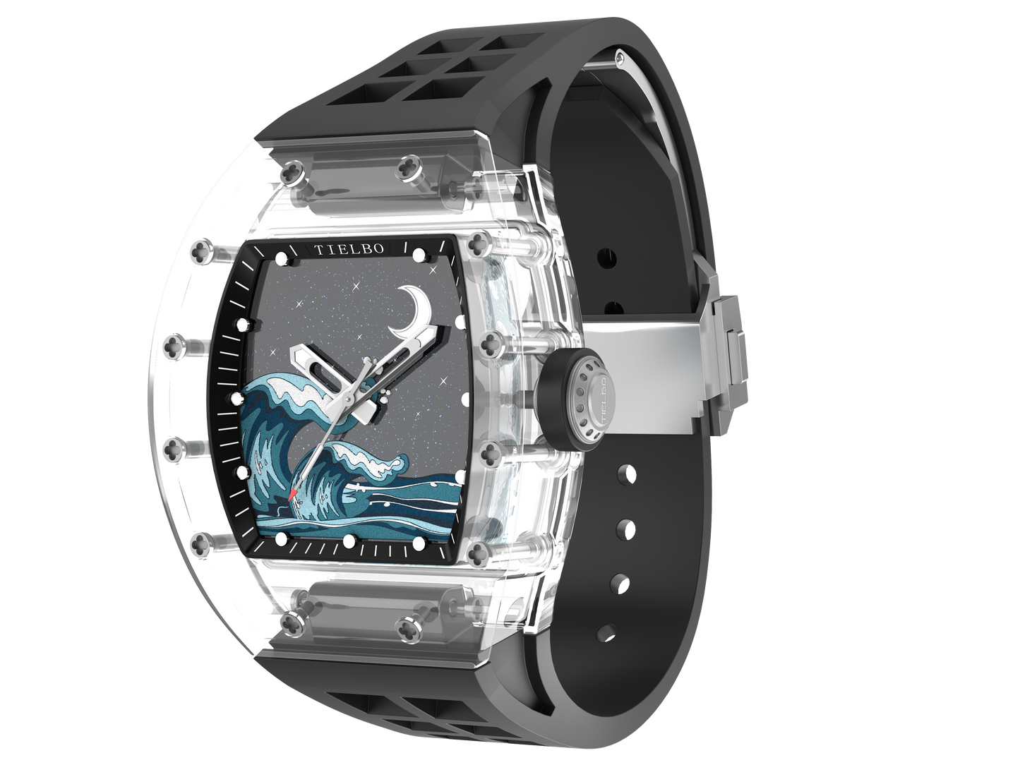TIELBO Crystal Mechanical Watch for Men Tonneau Wave Starry Sky Dial Automatic Watch TC716