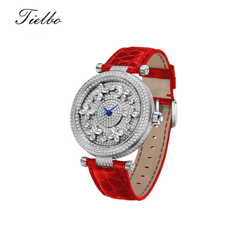 TIELBO Luxury Quartz Women's Watch Zircon Butterfly Dial Wristwatch for Ladies TC819