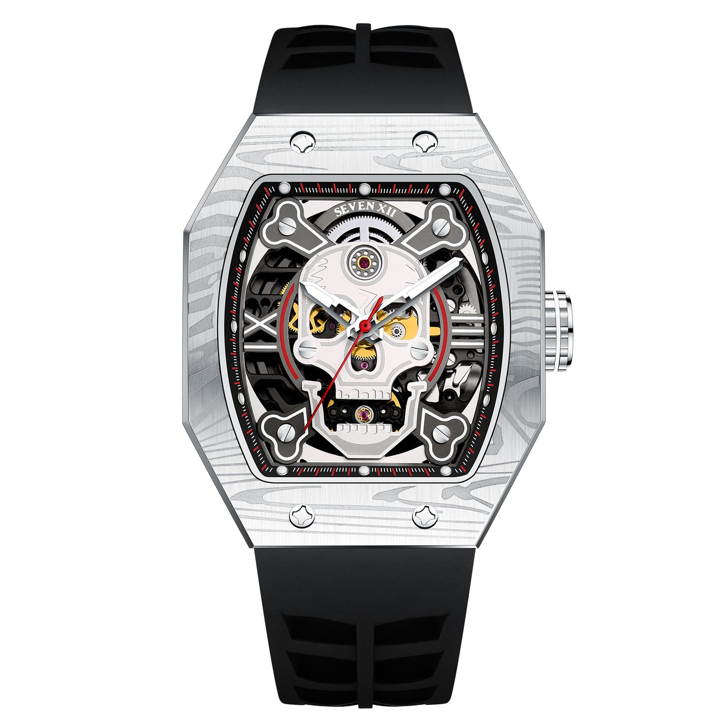 SEVEN XII Mens Watch Skull Skeleton Dial 70 Hour Power Reserve Stainless Steel Sapphire Luminous S001