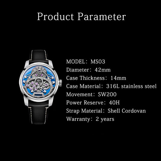 GearMagus Special-Shaped Gears Telescopic Hands Watch Swiss SW200 Automatic Movement Luminous MS03