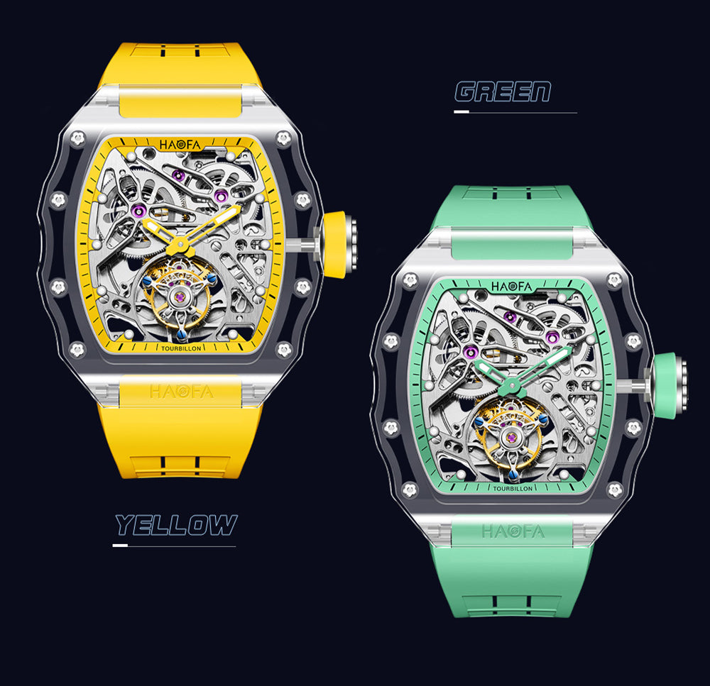 HAOFA High Hardness CRYSTAL CASE SKELETON Automatic TOURBILLON Double Barrel WATCH 2201