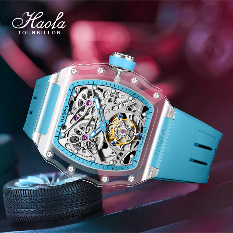 HAOFA High Hardness CRYSTAL CASE SKELETON Automatic TOURBILLON Double Barrel WATCH 2201