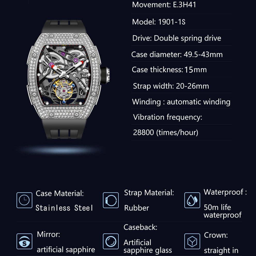 HAOFA 1901-1S Diamond Bezel Tourbillon Watch Double Spring 72-Hour Power Skeleton Automatic Watch
